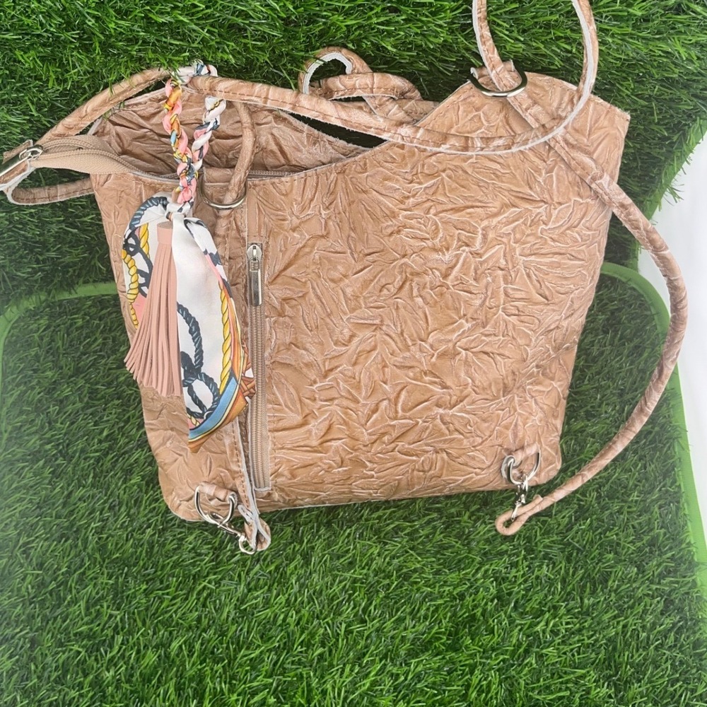 Embossed Leather Tote Bag with Scarf Accent Charm Made in Italy Borse in Pelle - Picture 3 of 16
